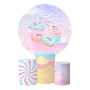 Imagem de Trio Capa Cilindro + Painel Redondo Doces Candy 1,5m Tecido - DECORAND