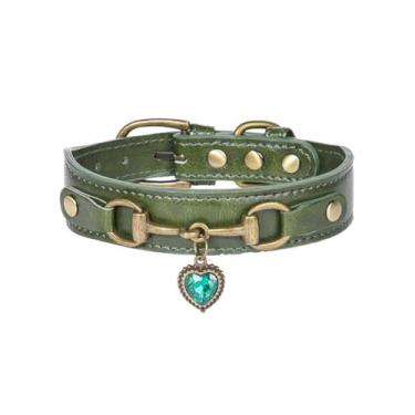 Imagem de WDPAWS Coleira retrô para cães com diamantes brilhantes e berloque – Colar de strass de couro PU ajustável com 5 furos, fivela de bronze para cães pequenos e médios meninos machos – preto/azul/verde