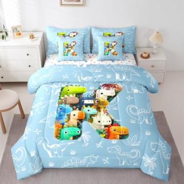 Imagem de Erosebridal Jogo de cama solteiro com desenho animado fofo de dinossauro 3D em uma bolsa, 7 peças, com lençol com letra K, para crianças e adultos, jogo de cama de animais selvagens