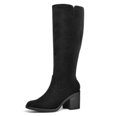 Imagem de mysoft Botas femininas de cano alto, bico quadrado, salto grosso, salto empilhado, com zíper lateral, Camurça preta, 37