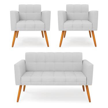 Imagem de Kit 1 Sofá Namoradeira e 2 Poltronas Elisa Linho Cinza A05 Pés Palito Castanho - D'Rossi