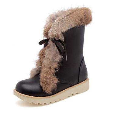 Imagem de Bigfanshu Botas femininas de inverno com plataforma antiderrapante de pele femininas impermeáveis no tornozelo botas de neve quentes sapatos de salto anabela moda ao ar livre para ocasiões de abertura com gancho e laço botas de combate acima do joelho, Preto, 37 BR