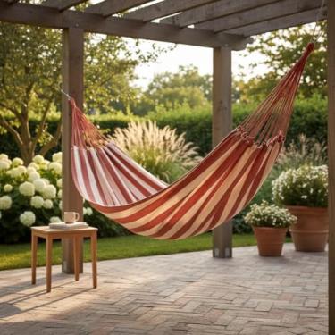 Imagem de Rede de Descanso Terra & Sol, Listrada Telha e Bege, 3,90m x 1,50m, Algodão, Suporta 200kg, Para Varanda e Jardim
