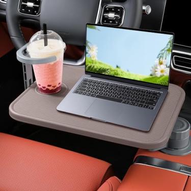 Imagem de Bandeja de carro e mesa de carro para laptop, mesa giratória de copo de madeira de 360°, suporte de laptop cantilever de alumínio para veículos, bandeja de volante, serve para Tesla modelo Y/3/S