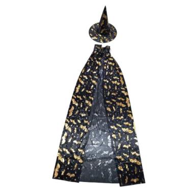 Imagem de Kit Chapéu Preto Estampado com Capa de Bruxa Dourada Prata Halloween Festa Fantasia Cosplay(G,morcego dourado)