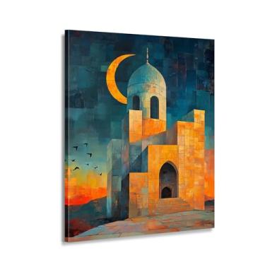Imagem de CANLUNTE Impressão em tela de arte de parede de mesquita abstrata - Silhueta do pôr do sol e lua crescente, decoração islâmica moderna, arte espiritual para sala de estar, presente do Ramadã (arte 5,7