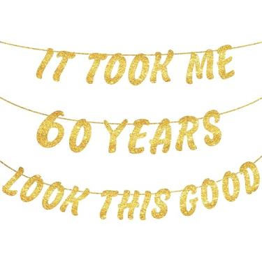 Imagem de Decorações de aniversário de 60 anos, faixa para mulheres e homens, placa de decoração de festa de aniversário com glitter dourado, suprimentos engraçados para festa de aniversário de 60 anos