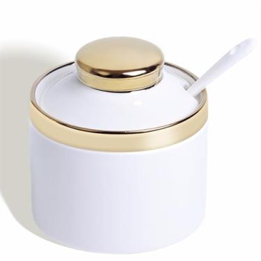 Imagem de HAOTOP Açucareiro de 227 g com tampa e colher, pote de açúcar de cerâmica simples, dispensador de açúcar, recipiente de açúcar, acessórios de barra de café, latas de bancada de cozinha modernas