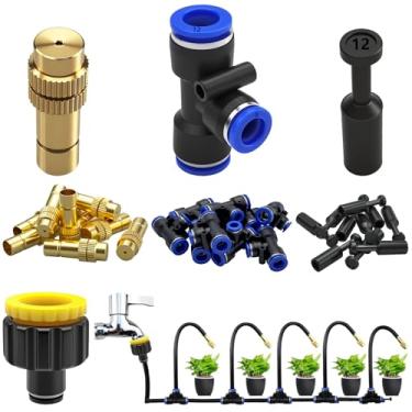 Imagem de CESFONJER Conjunto de bicos de nebulização de latão, kit de sistema de irrigação, kit automático de irrigação por gotejamento com adaptador de conexão rápida de 12 mm para jardim, quintal, gramado