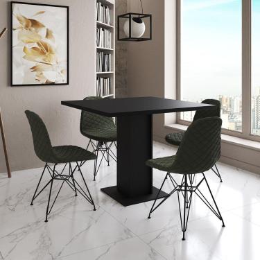 Imagem de Mesa Jantar Londres Quadrada Preta 90Cm 4 Cadeiras Estofadas Verde Eames Ferro Preto