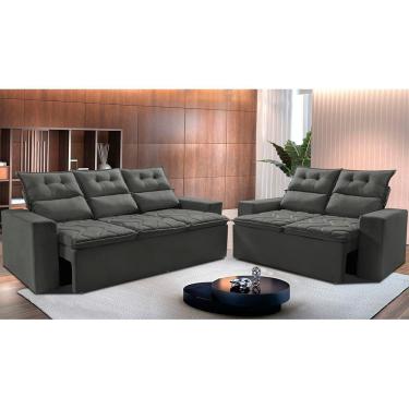 Imagem de Conjunto De Sofá 3 E 2 Lugares Retrátil E Reclinável 2,00x1,50m Cama Inbox Smal Suede Cinza