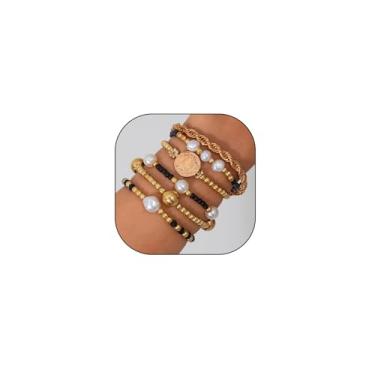 Imagem de Conjunto de pulseiras elásticas empilhadas de ouro para mulheres, pulseiras vintage com contas de pérolas e bolas, acessórios personalizados de joias modernas, presentes, Large, Liga de aço, Sem Pedra