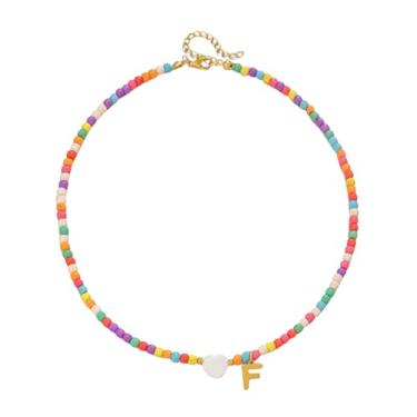 Imagem de Gargantilha feminina com contas de ouro 18 quilates - pingente de letra colorida de aço inoxidável impermeável - joia com pingente de alfabeto personalizado - Presente personalizado delicado para
