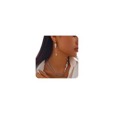 Imagem de Conjunto de brincos de gargantilha de pérolas barrocas na moda meia pérola meia corrente brincos pendentes vintage hip hop joias femininas, Large, Zinco, Sem Pedra Preciosa