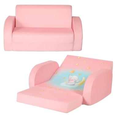Imagem de MOMCAYWEX Sofá infantil dobrável dobrável extra largo 3 em 1, sofá infantil com estampa de elefante, espreguiçadeira confortável para dormir, tecido de veludo, rosa