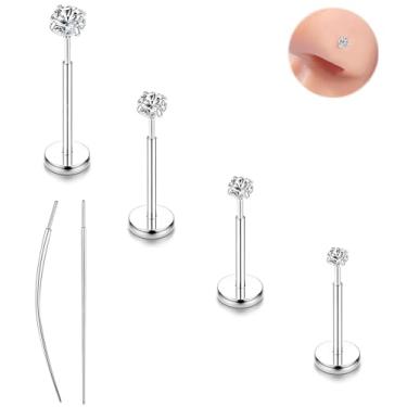 Imagem de Purbeaut Brinco de nariz plano push-in sem costura banhado a ouro 14 K, adequado para mulheres e homens, aço médico hipoalergênico, sem linha, joia de piercing de trago e hélice de narina, prata 20G