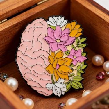 Imagem de Broche de esmalte botânico criativo de neurociência artística com design floral para jaquetas, bolsas, presente exclusivo para amantes da psicologia e da natureza