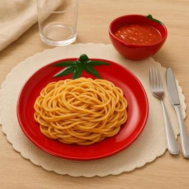 Imagem de Conjunto de Mesa Posta em Cerâmica, Bowl e Prato Bandeja com Design de Tomate, para Servir