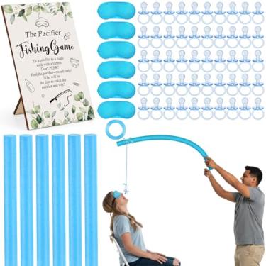 Imagem de Capoda 64 peças de jogos de chá de bebê de pesca com chupeta incluem 50 chupetas, 6 palitos de espuma, 6 máscaras para os olhos, 1 placa de madeira, 1 rolo de fita para vendas, conjunto de jogos para