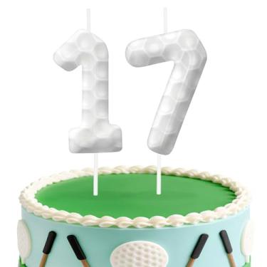 Imagem de Velas de aniversário número 17 de golfe, topo de bolo com tema de golfe para meninos e meninas, decorações de bolo para aniversários, suprimentos de festa com tema esportivo, velas para decorações de
