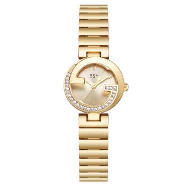 Imagem de BOSHIYA Relógios femininos com aço inoxidável dourado, relógio feminino de luxo com pequenas escritas, relógios de pulso femininos, à prova d'água, elegante, quartzo, analógico, feminino