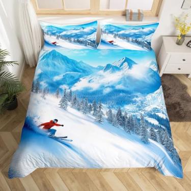Imagem de Homewish Conjunto de capa de edredom para esqui de inverno, tamanho solteiro, neve, montanha, pinheiro, selva, para decoração de quarto de crianças, meninas, meninos, adultos, capa de edredom de