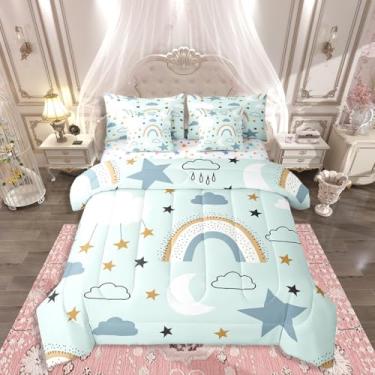 Imagem de Erosebridal Jogo de cama infantil arco-íris com desenho animado de estrelas e nuvem, tamanho casal, kawaii, lua, 7 peças, para meninas, adolescentes e mulheres, iridescente