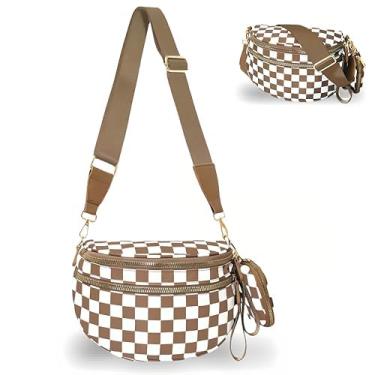Imagem de Bolsa transversal quadriculada para mulheres, espaçosa bolsa xadrez de nylon com carteira removível, alça ajustável, pochete de grande capacidade, Marrom, branco, One Size, Xadrez