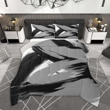 Imagem de Feelyou Conjunto de edredom preto e cinza para todas as estações, arte abstrata, moderno, conjunto de cama com 2 fronhas, microfibra geométrica, para decoração de quarto, edredom respirável, macio e
