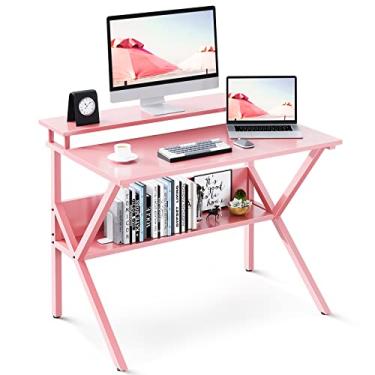 Imagem de ODK Mesa pequena, mesa de computador de 60 cm para espaços pequenos, mesa compacta com armazenamento, mesa de estudo com suporte para monitor para escritório em casa, rosa