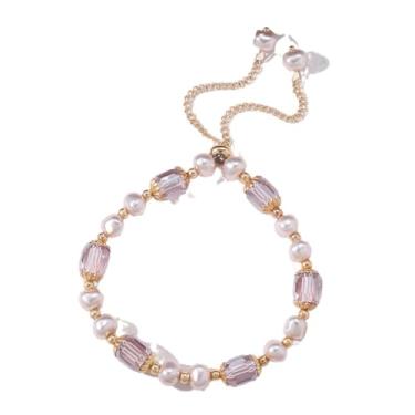 Imagem de Pulseiras de elos de cristal roxo para mulheres, elegante imitação de pérolas, pulseira clássica com borlas, pulseiras ajustáveis delicadas, joias de declaração de moda, presentes de aniversário de