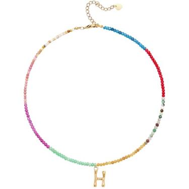 Imagem de MEVOME Colar feminino com contas com inicial de pedras, semipreciosas, boho, pedra semipreciosa, banhado a ouro 18 K, arco-íris, colorido, moderno, alfabeto, gargantilha delicada, joia feminina para