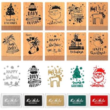 Imagem de MOUNTCLIM 15 carimbos de borracha de madeira de Natal com almofadas de tinta artesanal, 10 carimbos de arte vintage, 5 blocos de tinta para atividades de Natal, faça você mesmo, scrapbook, cartão