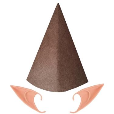 Imagem de BEBAOVO Conjunto de acessórios festivos de fantasia de gnomo, chapéus de cone de feltro com orelhas de elfo para Halloween, Natal, chapéu de giz de cera de fada elfo cosplay (marrom)