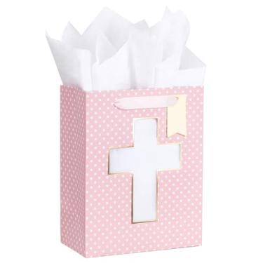 Imagem de Loveinside Bolsa de presente rosa, design de cruz religiosa e pontos dourados, bolsa de presente com papel de seda, etiqueta para batismos de meninas, chá de bebê, primeira comunhão, celebrações