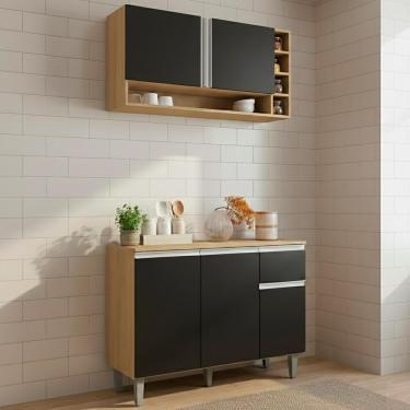 Imagem de Armario Aereo E Balcao Com Tampo 105 Cm Vanessa Amendoa Preto Reajl Moveis