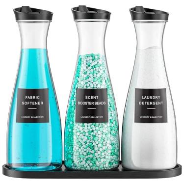 Imagem de Galasily Pacote com 3 recipientes dispensadores de detergente para roupas com bandeja, dispensador de sabão líquido de 1530 g com 12 etiquetas, organizador de lavanderia preto para pó e amaciante de