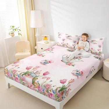 Imagem de Erosebridal Jogo de lençol solteiro com estampa de princesa sonhadora rosa para festa de chá, chávena de chá, pires e pires, aquarela, rosa, kawaii, 2 peças