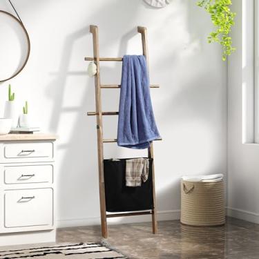 Imagem de Taozun Escada de toalha de 167 cm com cesta para banheiro, cobertor de madeira rústica com ganchos para pendurar, parede resistente inclinada para exibição de casa de fazenda organizador de escada