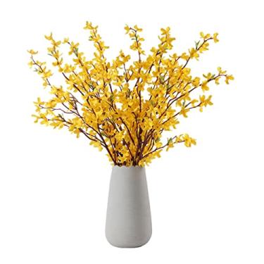 Imagem de LMJYU Flores falsas flores artificiais inverno jasmim flores artificiais com vaso de cerâmica casamento decoração de casa buquê lindo arranjo de outono conjunto de flores falsas decoração de festa