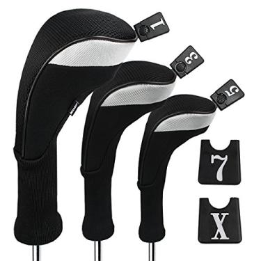 Imagem de Andux 3 peças/conjunto de capas de cabeça de madeira para motorista de golfe 460cc com pescoço longo e intercambiável número Pacote com 3 etiquetas, Long Neck, Black, MT/MG25