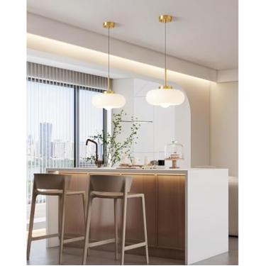 Imagem de Lustre moderno estilo francês campestre com cúpula de vidro, soquete E27, luminária pendente retrô para quarto, cozinha ou ilha (branco, 1 unidade)