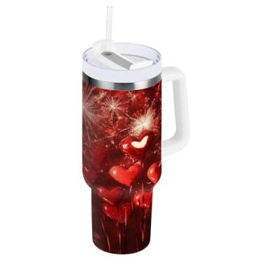 Imagem de Blueangle Copo com isolamento de fogos de artifício coração dos namorados de 850 g com alça e tampa de palha, caneca de viagem reutilizável de aço inoxidável (330)
