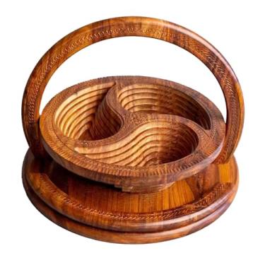 Imagem de Cestas dobráveis feitas à mão, cesta de madeira dobrável Morefordecor, cestas com alças, cesta de frutas feita à mão com 2 compartimentos para entalhar em madeira, pão e nozes (B)