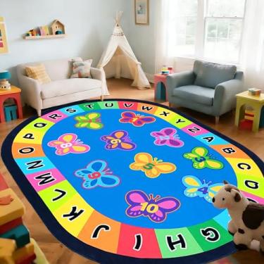 Imagem de USTIDE Tapete oval grande infantil 15 x 25 cm, leve, borboleta, tapete para sala de aula, tapete antiderrapante, oval para quarto, sala de jogos