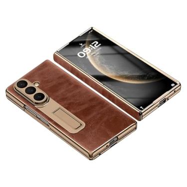 Imagem de LYJSMGZ Capa de couro genuíno para Samsung Z Fold7, membrana integrada, proteção total da câmera, suporte oculto, dobradiça, capa militar, marrom, Z Fold 7