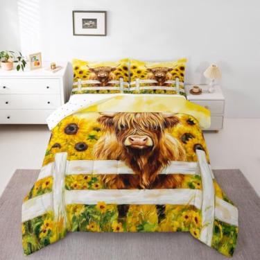 Imagem de jejeloiu Conjunto de edredom de vaca Highland para todas as estações, com 1 fronha, girassol, casa de fazenda, microfibra, roupa de cama de solteiro, vida selvagem, edredom respirável, macio