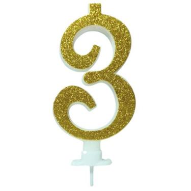 Imagem de Vela com suporte aniversario grande dourada glitter numero 3 - Silver 