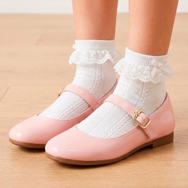 Imagem de Kit Sapato Social Mary Jane Infantis com Fivela, Salto Baixo, Meias Brancas Rendadas (Rosa, BR, Criança de 1 a 3 anos, Numérico, 23)