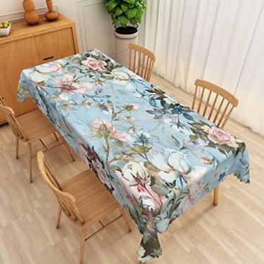 Imagem de SIEDYCV Toalha de mesa floral de primavera, 177 x 300 cm, vintage, rosa, rosa, branco, tecido azul claro, toalha de mesa de poliéster, à prova de óleo, reutilizável para casamento, festa de